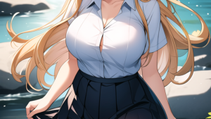 【画像】巨乳すぎてシャツがパンパンなJK